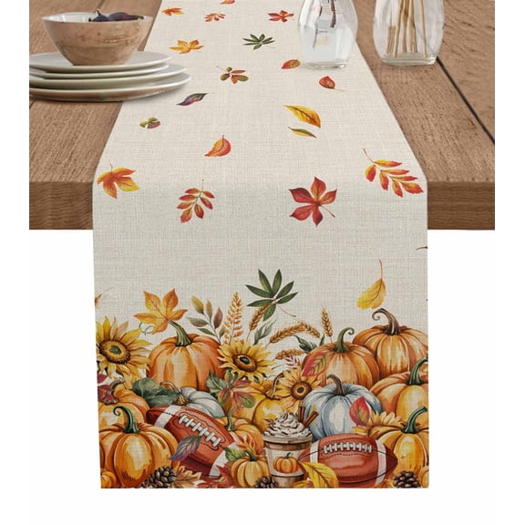 ERUNPONLY Fall Pumpkin Table Runner - 48 Inch Long Vintage Rugby Pumpkin Sunflower Maple Leaf Cotton and Linen Blended Dress Scarves Farmhouse Table Runner for Kitchen Dining, Coffee Table, 13"x48"
