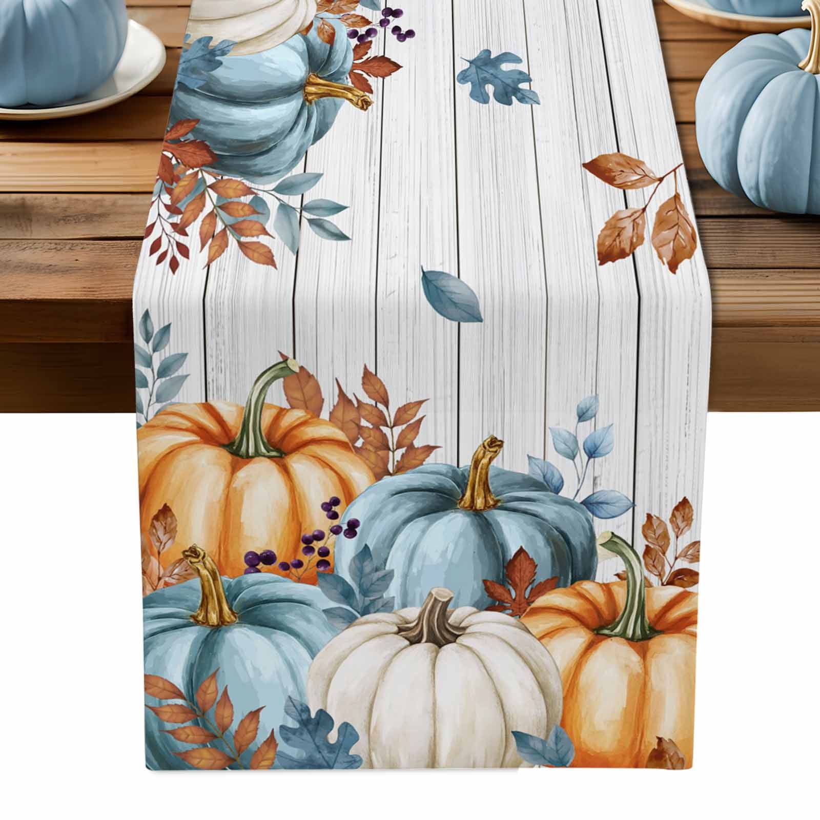 ERUNPONLY Fall Pumpkins Orange Blue Table Runner - 72 Inch Long ...