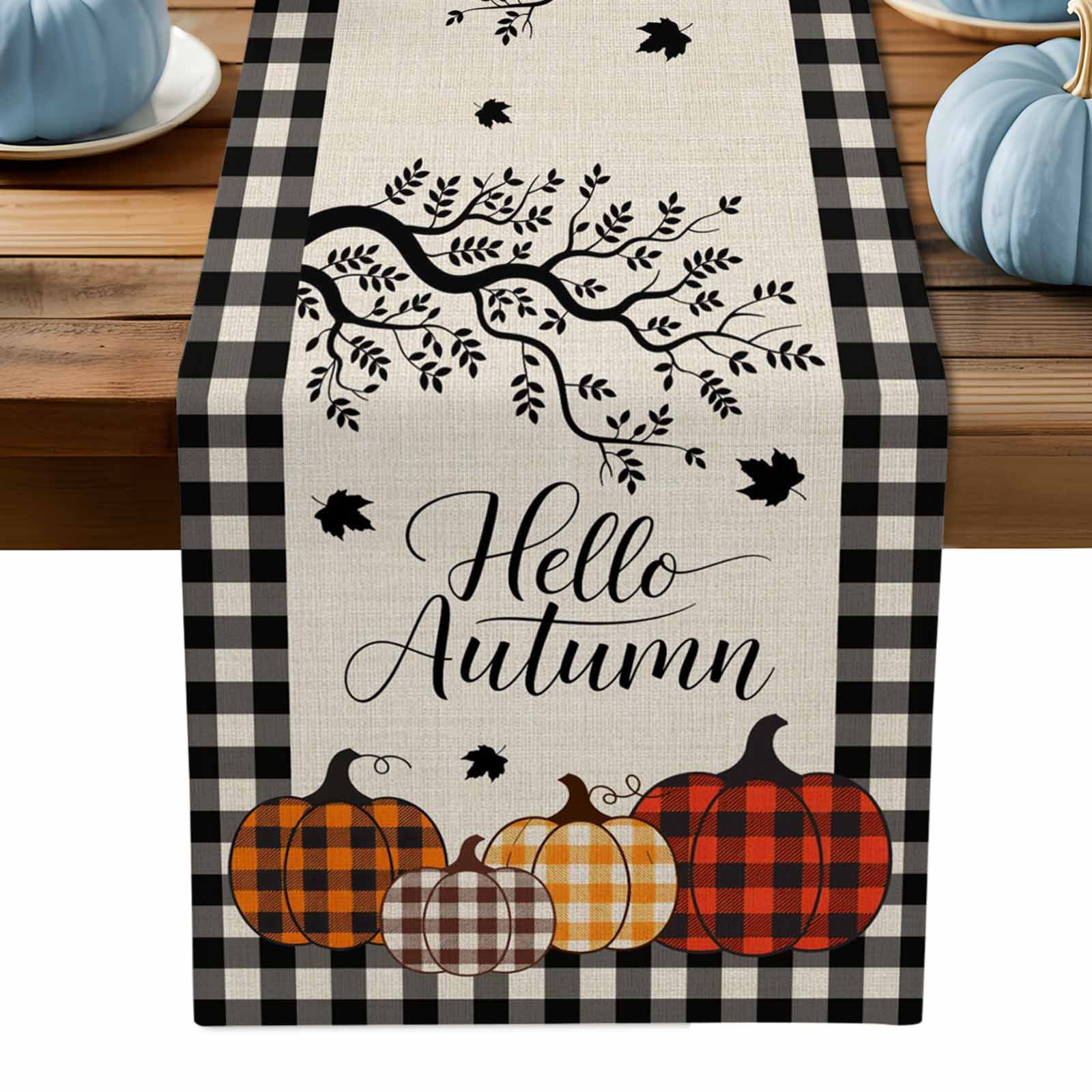 ERUNPONLY Fall Table Runner - 72 Inch Long Red Brown Pumpkin Maple Leaf ...
