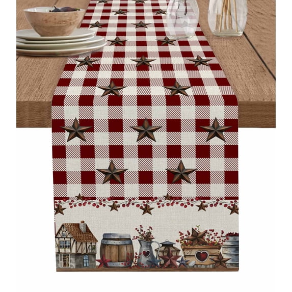 ERUNPONLY Farm Red Table Runner - 72 Inch Long Brown Western Texas Star Red Plaid Country Cotton and Linen Blended Dress Scarves Farmhouse Table Runner for Kitchen Dining, Coffee Table, 16"x72"