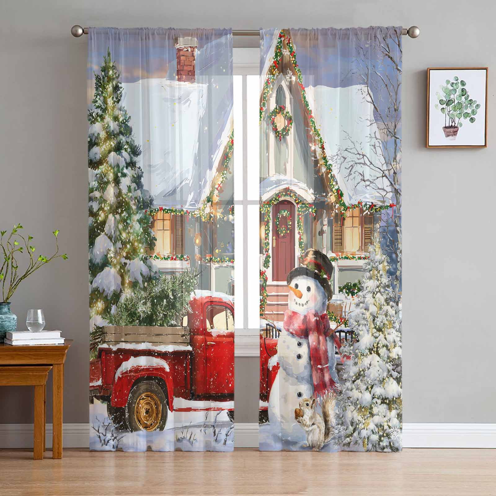 ERUNPONLY Farmhouse Christmas Sheer Curtains 84 Inch Length 2 Panels ...
