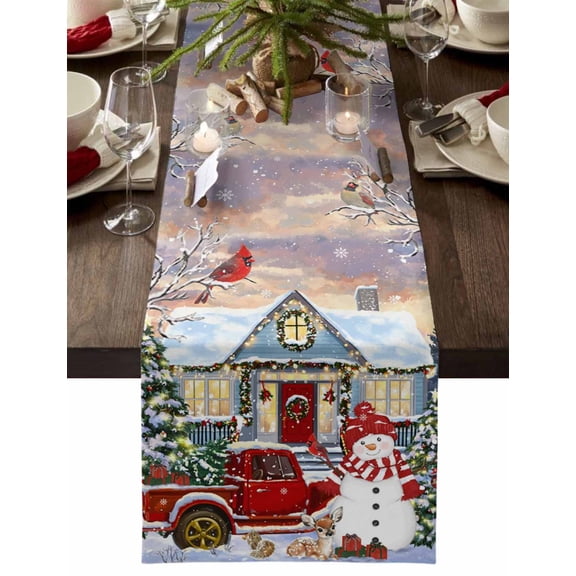 ERUNPONLY Farmhouse Christmas Table Runner - 36 Inch Long Xmas Snowman Truck Tree Cotton and Linen Blended Dress Scarves Farmhouse Table Runner for Kitchen Dining, Coffee Table, 13" x 36"