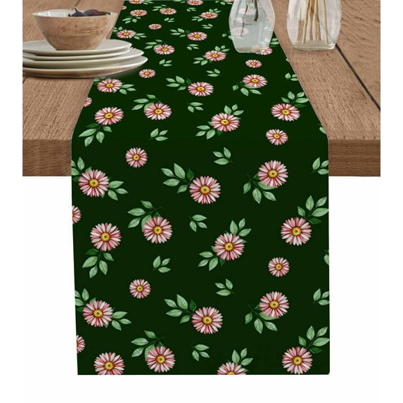 ERUNPONLY Flower Pink Table Runner - 36 Inch Long Green Botanical Leaf Garden Floral Black Cotton and Linen Blended Dress Scarves Farmhouse Table Runner for Kitchen Dining, Coffee Table, 13"x36"