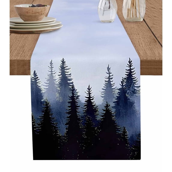 ERUNPONLY Forest Table Runner - 72 Inch Long Blue Purple Trees Landscape Retro Watercolor Cotton and Linen Blended Dress Scarves Farmhouse Table Runner for Kitchen Dining, Coffee Table, 13"x72"