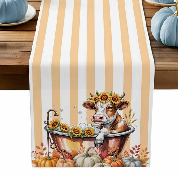 ERUNPONLY Funny Cow Fall Table Runner - 72 Inch Long Thanksgiving Pumpkin Bathtub Orange Striped Cotton Linen Blended Dress Scarves Farmhouse Table Runner for Kitchen Dining, Coffee Table, 13" x 72"