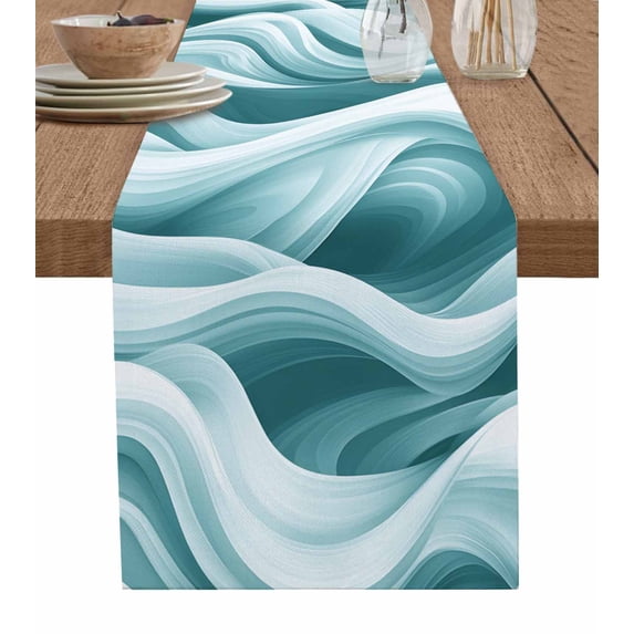 ERUNPONLY Geometric Stripes Table Runner - 120 Inch Long Ombre Teal White Sea Waves Cotton and Linen Blended Dress Scarves Farmhouse Table Runner for Kitchen Dining, Coffee Table, 13" x 120"