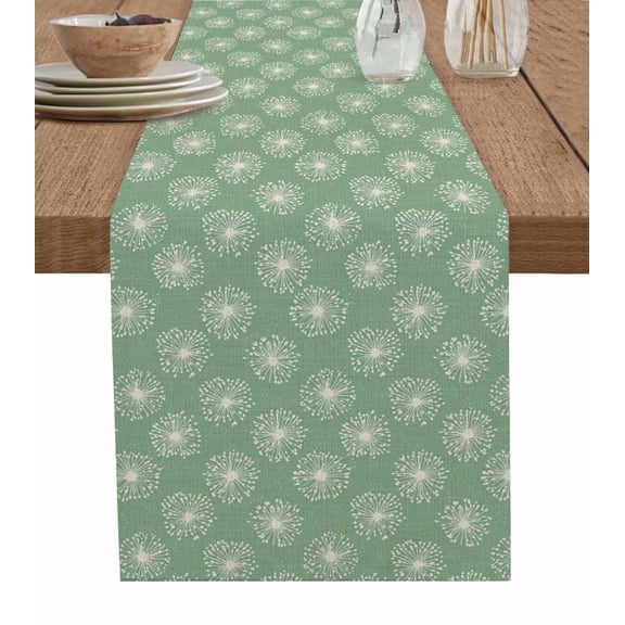 ERUNPONLY Green Beige Dandelion Table Runner - 72 Inch Long Farmhouse Botanical Blossom Cotton and Linen Blended Dress Scarves Farmhouse Table Runner for Kitchen Dining, Coffee Table, 16"x72"