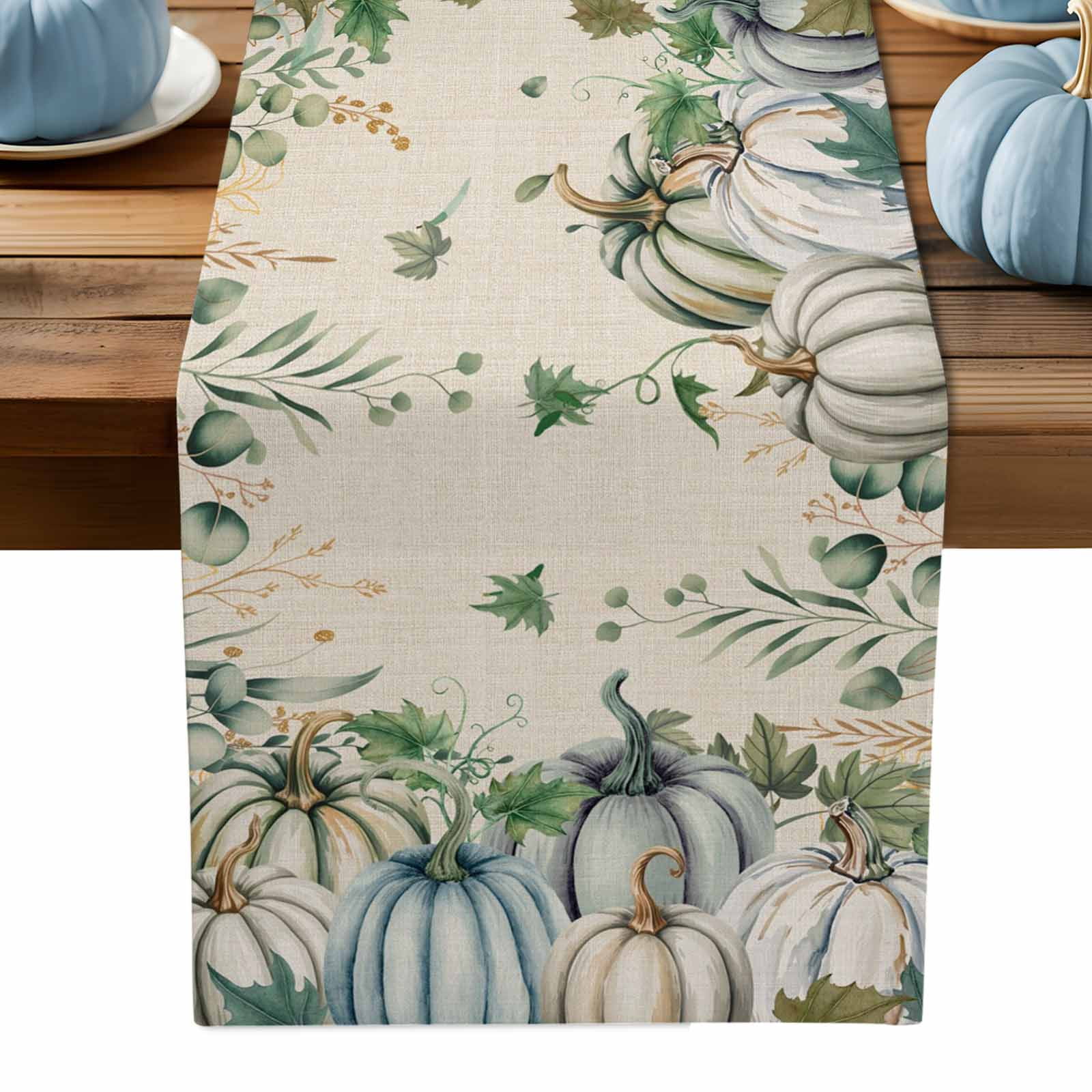 ERUNPONLY Green Blue Pumpkins Fall Table Runner - 60 Inch Long ...