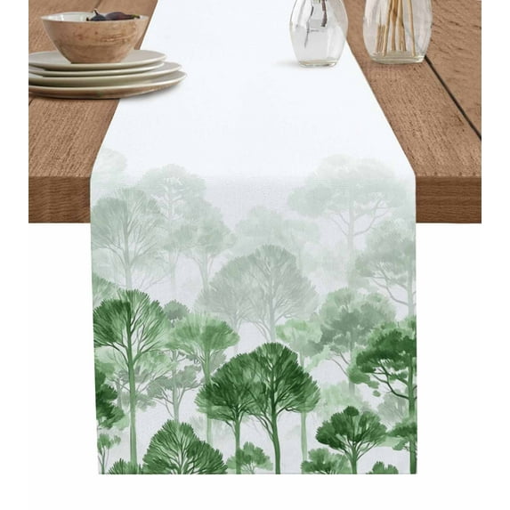 ERUNPONLY Green Forest Table Runner - 60 Inch Long Farmhouse Botanical Tree Scenery Watercolor Cotton and Linen Blended Dress Scarves Farmhouse Table Runner for Kitchen Dining, Coffee Table, 13"x60"