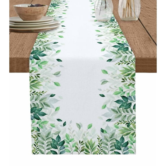 ERUNPONLY Green Leaf Table Runner - 48 Inch Long Fall Plant Country Vintage Watercolor White Cotton and Linen Blended Dress Scarves Farmhouse Table Runner for Kitchen Dining, Coffee Table, 13"x48"