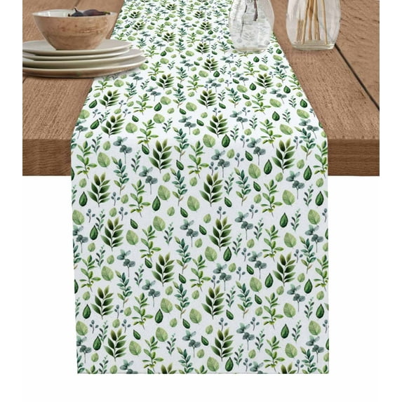 ERUNPONLY Green Leaves Table Runner - 72 Inch Long Pastoral Rustic Botanical Plant Watercolor Cotton and Linen Blended Dress Scarves Farmhouse Table Runner for Kitchen Dining, Coffee Table, 14"x72"