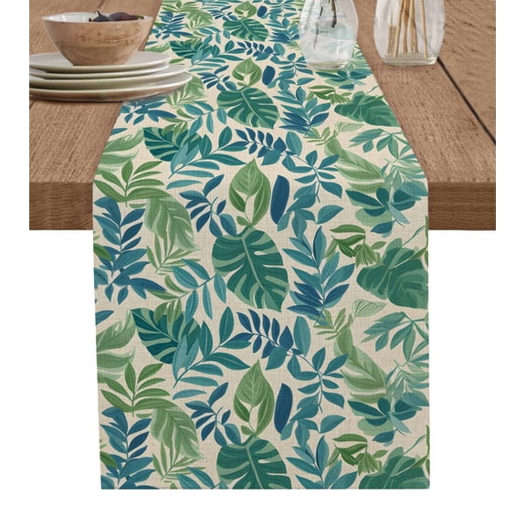 ERUNPONLY Green Palm Leaf Table Runner - 60 Inch Long Tropical Plants Retro Pastoral Summer Cotton and Linen Blended Dress Scarves Farmhouse Table Runner for Kitchen Dining, Coffee Table, 13"x60"