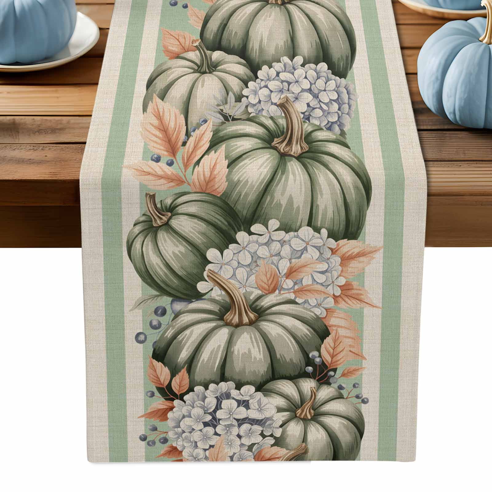 ERUNPONLY Green Pumpkin Fall Table Runner - 72 Inch Long Striped ...