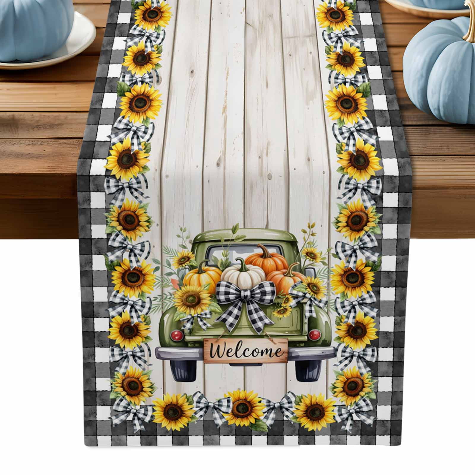 ERUNPONLY Green Truck Fall Table Runner - 72 Inch Long Pumpkins ...