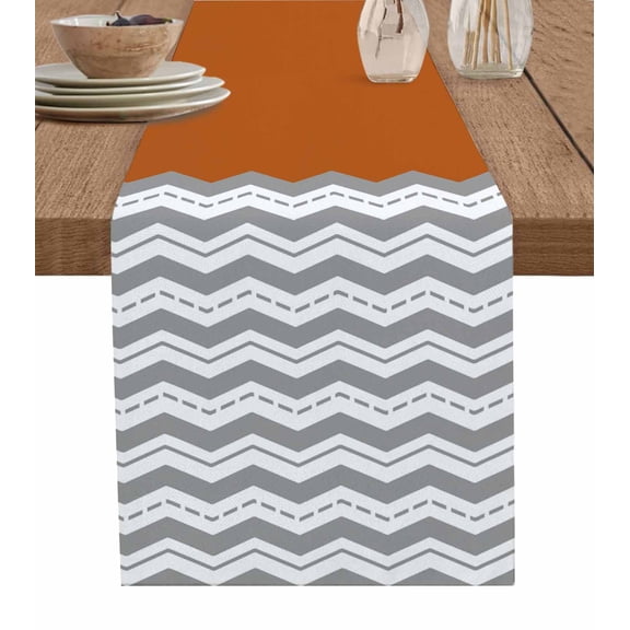 ERUNPONLY Grey Chevron Table Runner - 36 Inch Long Geometric Orange Print Wavy Striped White Cotton and Linen Blended Dress Scarves Farmhouse Table Runner for Kitchen Dining, Coffee Table, 13" x 36"