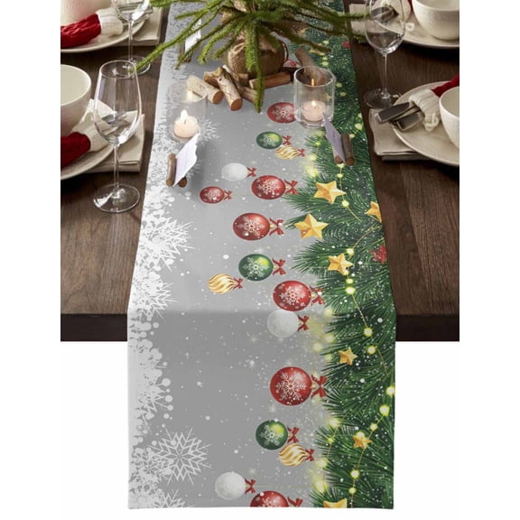 ERUNPONLY Grey Christmas Balls Table Runner - 108 Inch Long Xmas Pine Needle Ball Star Snowflake Cotton Linen Blended Dress Scarves Farmhouse Table Runner for Kitchen Dining, Coffee Table, 13"x108"