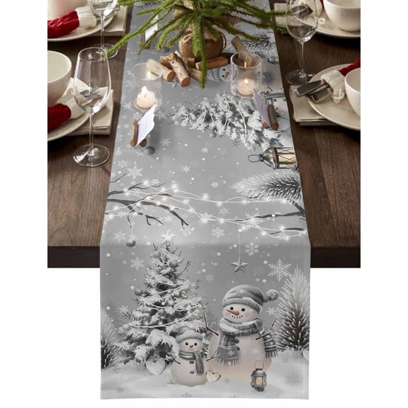 ERUNPONLY Grey Christmas Snowman Table Runner - 36 Inch Long Xmas Tree Snowflake Balls Cotton and Linen Blended Dress Scarves Farmhouse Table Runner for Kitchen Dining, Coffee Table, 13" x 36"