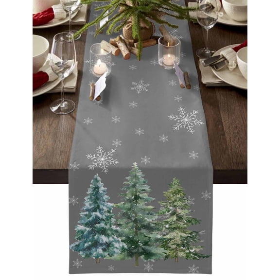 ERUNPONLY Grey Green Christmas Table Runner - 48 Inch Long Xmas Snowflake Tree Cotton and Linen Blended Dress Scarves Farmhouse Table Runner for Kitchen Dining, Coffee Table, 13" x 48"