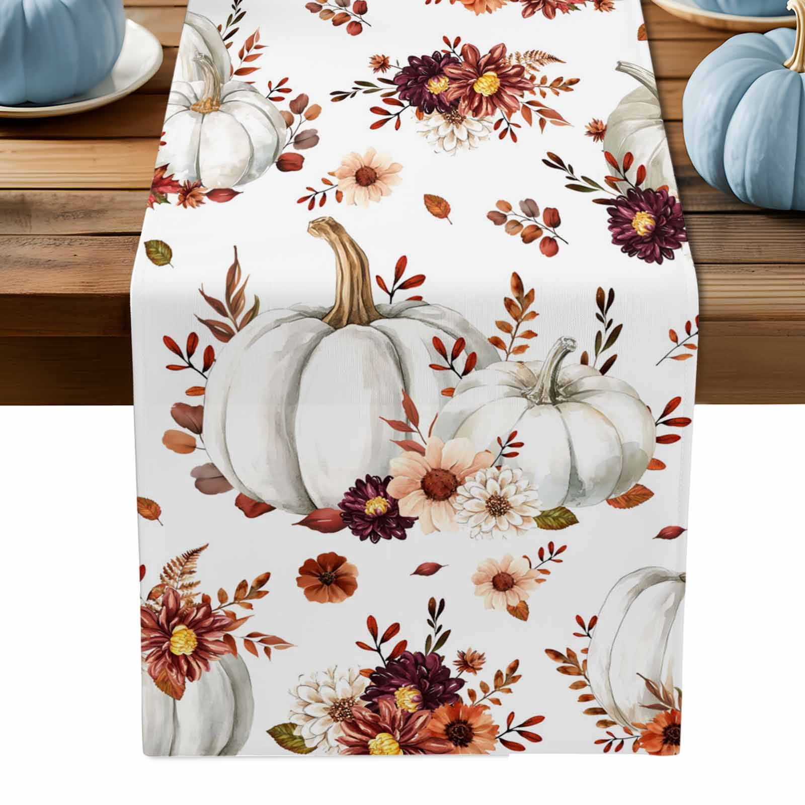 ERUNPONLY Grey Pumpkins Fall Table Runner - 108 Inch Long Thanksgiving ...