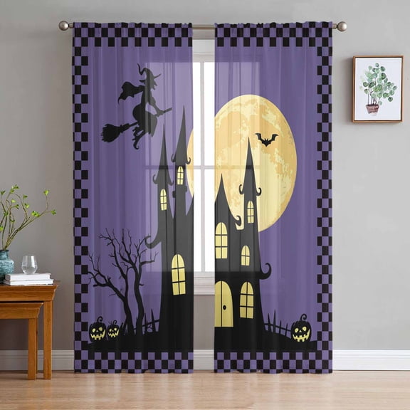 ERUNPONLY Halloween Night Sheer Curtains 84 Inch Length 2 Panels Set, Horror Castle Witch Evil Pumpkin Purple Plaid Voile Window Treatment Curtains Sheers for Bedroom/Living Room/Kitchen 52"x84"x2