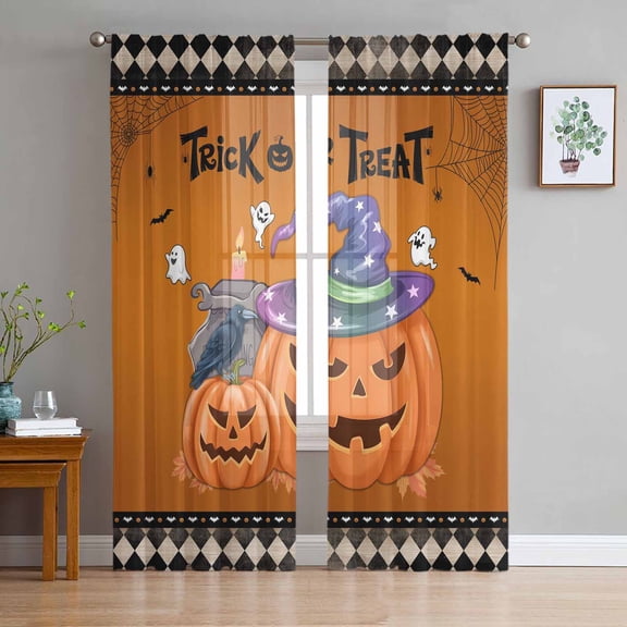 ERUNPONLY Halloween Pumpkin Sheer Curtains 72 Inch Length 2 Panels Set, Spooky Pumpkin Ghost Spi-der Plaid Voile Window Treatment Curtains Sheers Drapes for Bedroom/Living Room/Kitchen 52"x72"x2