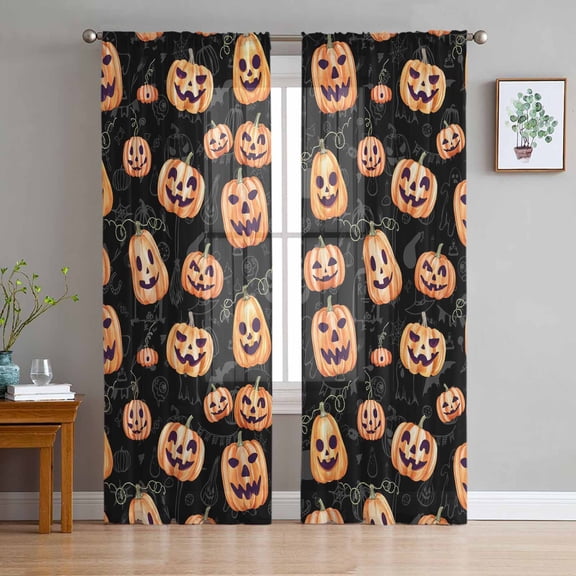 ERUNPONLY Halloween Pumpkins Sheer Curtains 84 Inch Length 2 Panels Set, Fall Scary Halloween Funny Voile Window Treatment Rod Pocket Curtains Sheers Drapes for Bedroom/Living Room/Kitchen 52"x84"x2