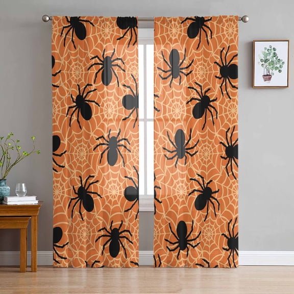 ERUNPONLY Halloween Sheer Curtains 63 Inch Length 2 Panels Set, Fall Black Spiderwebs Halloween Orange Webs Voile Window Treatment Curtains Sheers Drapes for Bedroom/Living Room/Kitchen 52x"63"x2