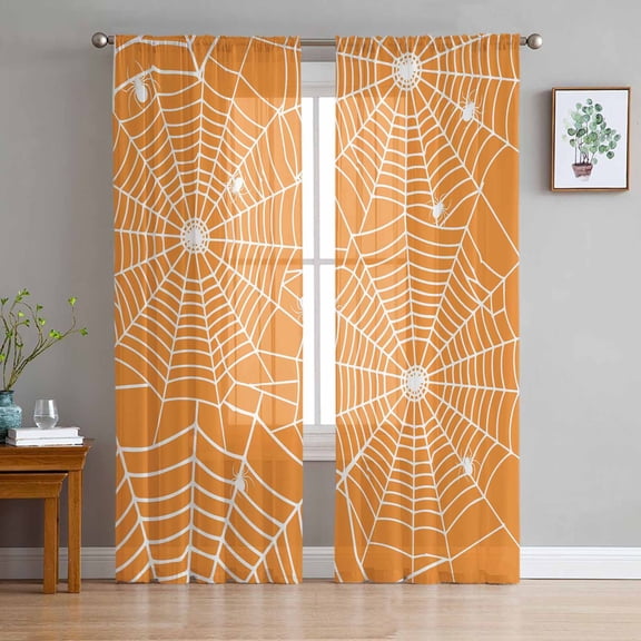 ERUNPONLY Halloween Sheer Curtains 63 Inch Length 2 Panels Set, Orange Spi-der Web Halloween Spi-der Voile Window Treatment Rod Pocket Curtains Sheers Drapes for Bedroom/Living Room/Kitchen 52x"63"x2
