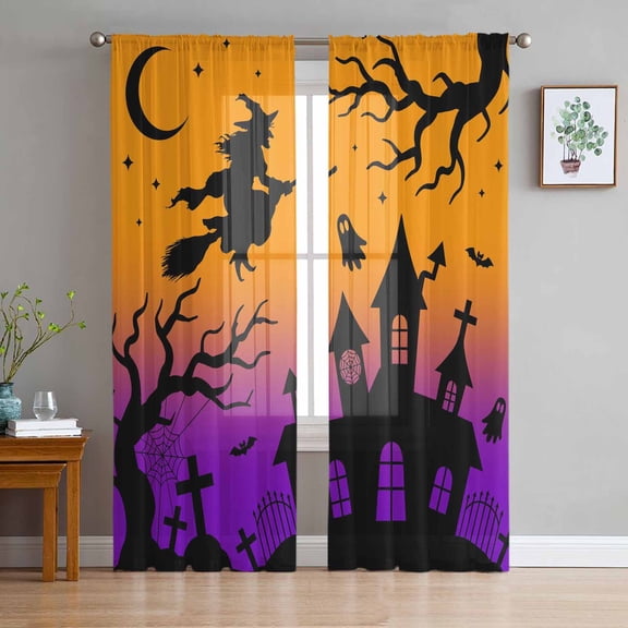 ERUNPONLY Halloween Sheer Curtains 84 Inch Length 2 Panels Set, Ghost Castle Bat Witch Gradient Orange Purple Voile Window Treatment Curtains Sheers Drapes for Bedroom/Living Room/Kitchen 52"x84"x2