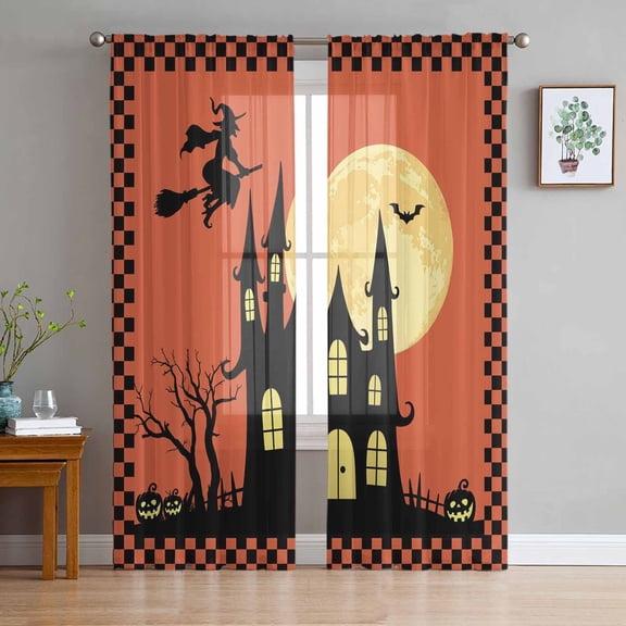 ERUNPONLY Halloween Sheer Curtains 84 Inch Length 2 Panels Set, Orange Horror Castle Evil Witch Full Moon Night Voile Window Treatment Curtains Sheers Drapes for Bedroom/Living Room/Kitchen 52"x84"x2