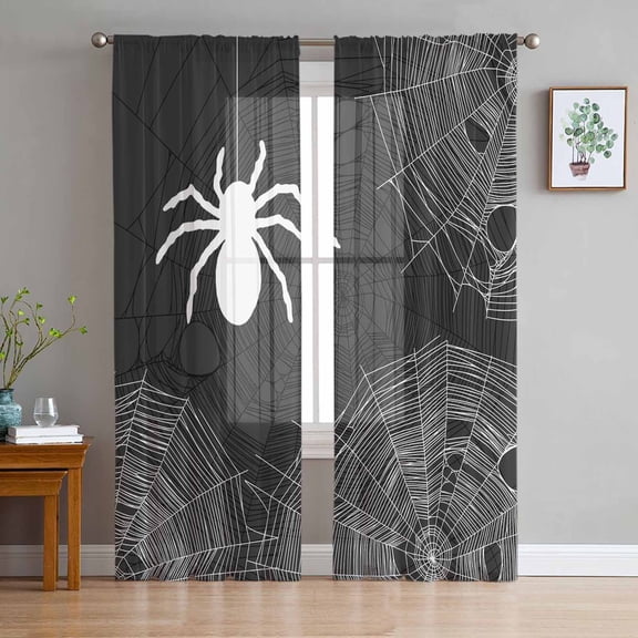 ERUNPONLY Halloween Sheer Curtains 84 Inch Length 2 Panels Set, Spiders Spiderweb Retro Black White Lines Voile Window Treatment Curtains Sheers Drapes for Bedroom/Living Room/Kitchen 52"x84"x2