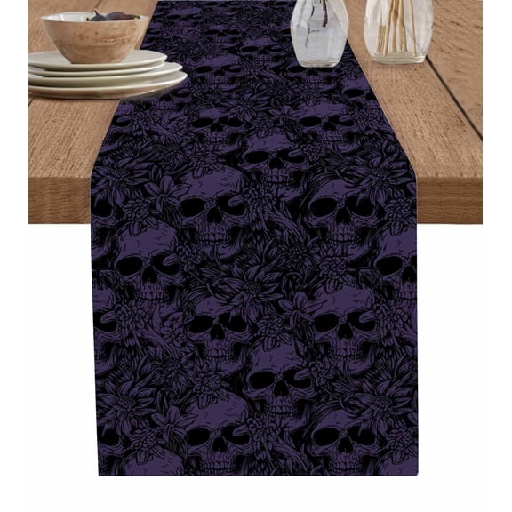 ERUNPONLY Halloween Table Runner - 72 Inch Long Purple Skull Monochrome Watercolor Cotton and Linen Blended Dress Scarves Farmhouse Table Runner for Kitchen Dining, Coffee Table, 13"x72"