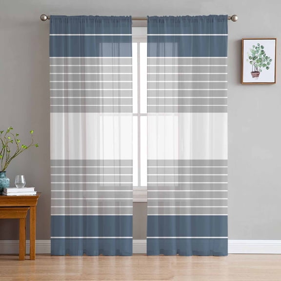 ERUNPONLY Haze Blue Grey Stripe Sheer Curtains 63 Inch Length 2 Panels Set, Modern Art Horizontal Striped Voile Window Treatment Curtains Sheers Drapes for Bedroom/Living Room/Kitchen 52x"63"x2