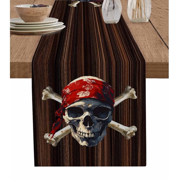 ERUNPONLY Horror Skull Table Runner - 48 Inch Long Abstract Skeleton Wooden Vintage Cotton and Linen Blended Dress Scarves Farmhouse Table Runner for Kitchen Dining, Coffee Table, 13"x48"