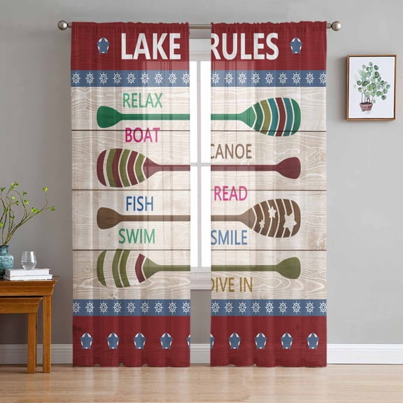 ERUNPONLY Lake Rules Sheer Curtains 72 Inch Length 2 Panels Set, Red Green Brown Paddle Striped Rudder Wooden Voile Window Treatment Curtains Sheers Drapes for Bedroom/Living Room/Kitchen 52"x72"x2