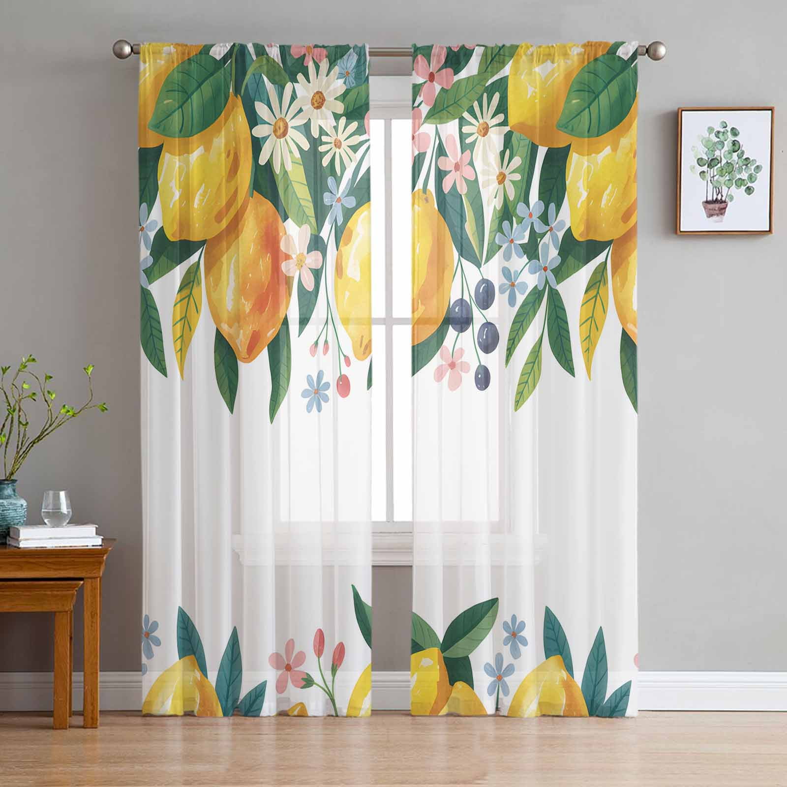 ERUNPONLY Lemon Summer Sheer Curtains 72 Inch Length 2 Panels Set ...