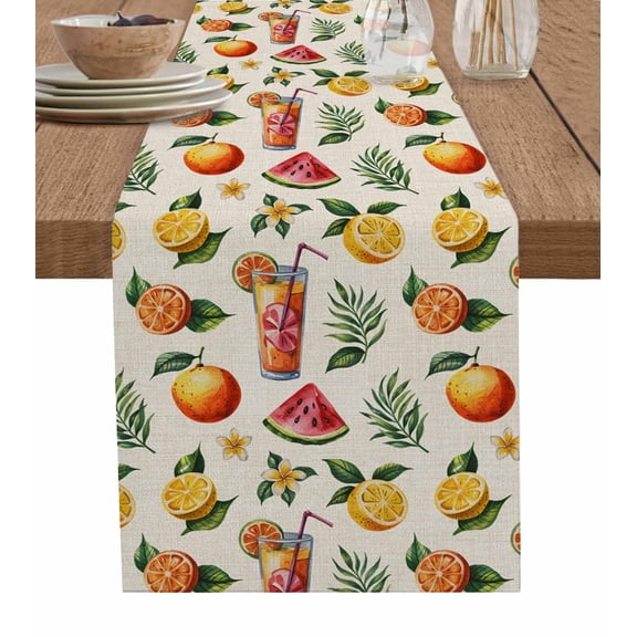 ERUNPONLY Lemon Tea Table Runner - 36 Inch Long Country Summer Coconut Leaf Watermelon Flower Cotton and Linen Blended Dress Scarves Farmhouse Table Runner for Kitchen Dining, Coffee Table, 13"x36"