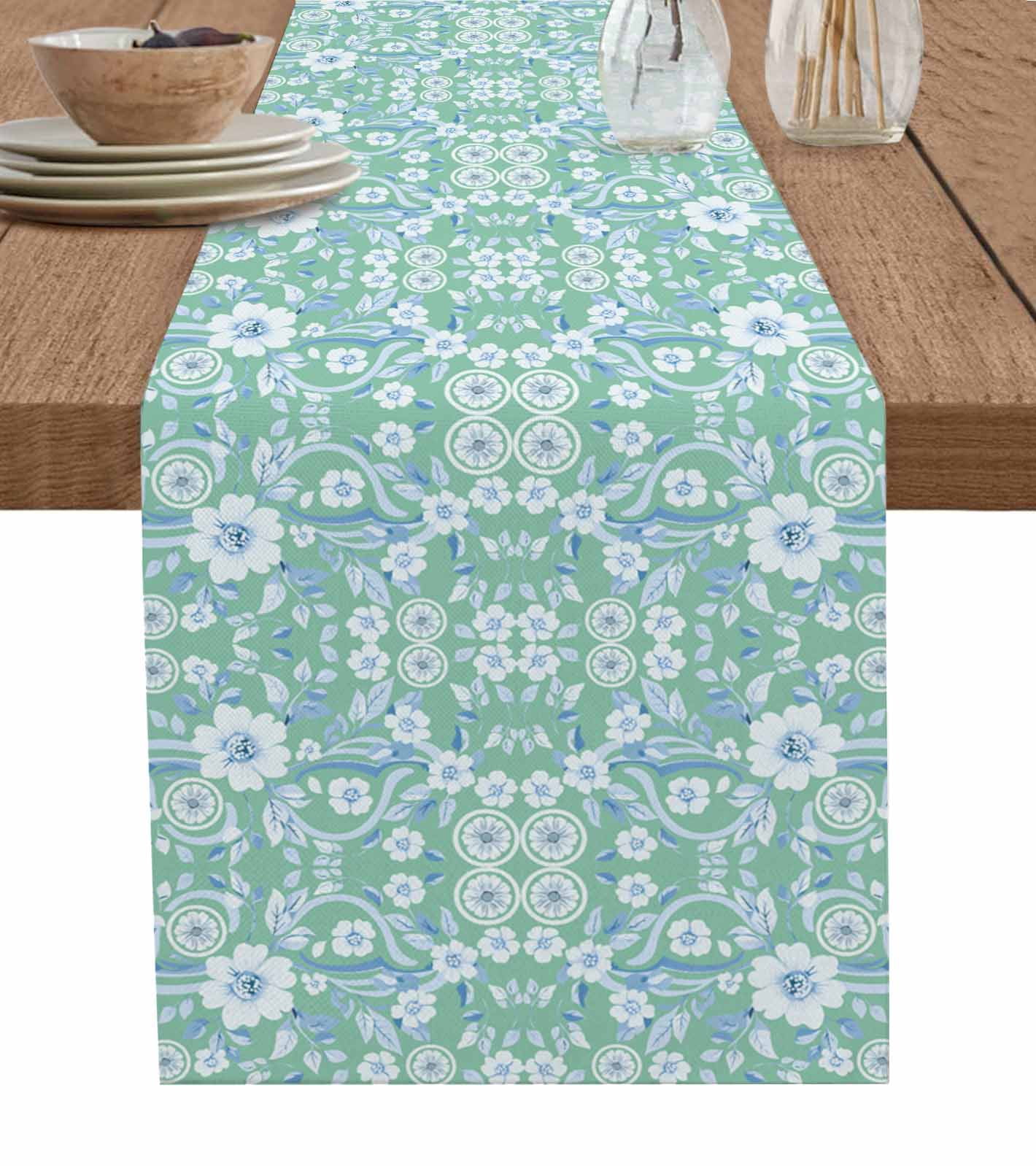 ERUNPONLY Light Green Blue Floral Table Runner - 72 Inch Long Vintage ...