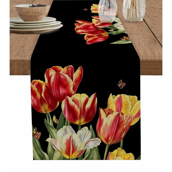 ERUNPONLY Luxury Tulip Floral Table Runner - 70 Inch Long Farmhouse Vintage Botanical Flowers Cotton and Linen Blended Dress Scarves Farmhouse Table Runner for Kitchen Dining, Coffee Table, 13"x70"