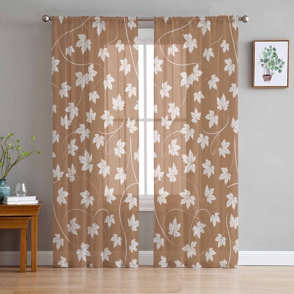 ERUNPONLY Maple Leaf Sheer Curtains 63 Inch Length 2 Panels Set, Retro Fall Dark Beige Autumn Leaves Voile Window Treatment Rod Pocket Curtains Sheers Drapes for Bedroom/Living Room/Kitchen 52x"63"x2