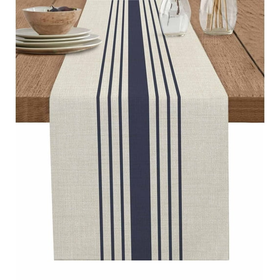 ERUNPONLY Midnight Blue Striped Table Runner - 72 Inch Long Beige Geometric Modern Art Cotton and Linen Blended Dress Scarves Farmhouse Table Runner for Kitchen Dining, Coffee Table, 18"x72"