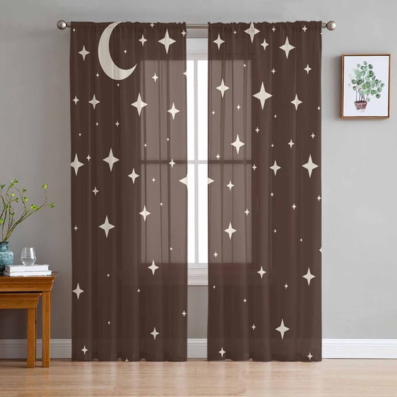 ERUNPONLY Modern Brown Sheer Curtains 63 Inch Length 2 Panels Set, Japanese Style Moon Stars Minimalism Voile Window Treatment Curtains Sheers Drapes for Bedroom/Living Room/Kitchen 52x"63"x2