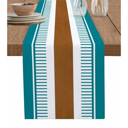 ERUNPONLY Modern Brown Teal Table Runner - 70 Inch Long Boho Contemporary Geometric Striped Cotton and Linen Blended Dress Scarves Farmhouse Table Runner for Kitchen Dining, Coffee Table, 13" x 70"