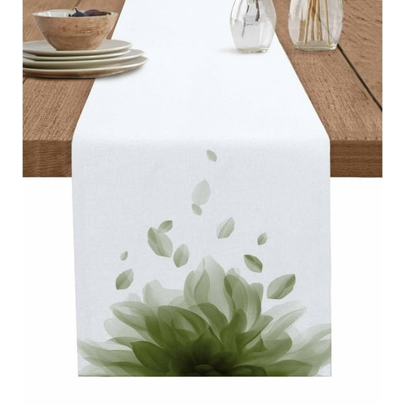 ERUNPONLY Modern Sage Green Table Runner - 60 Inch Long Gradient Floral Abstract Bohemian White Cotton Linen Blended Dress Scarves Farmhouse Table Runner for Kitchen Dining, Coffee Table, 13"x60"
