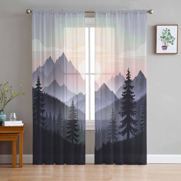 ERUNPONLY Mountain Forest Sheer Curtains 96 Inch Length 2 Panels Set, Farmhouse Cabin Nature Sunrise Landscape Voile Window Treatment Sheer Long Curtains for Bedroom/Living Room/Kitchen 52"x96"x2