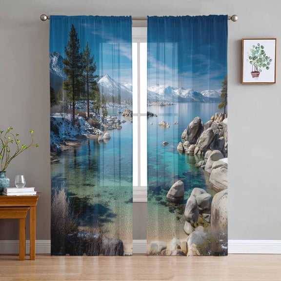 ERUNPONLY Nature Forest Sheer Curtains 96 Inch Length 2 Panels Set, Blue Sky Mountain Stone Lake Landscape Voile Window Treatment Sheer Long Curtains Drapes for Bedroom/Living Room/Kitchen 52"x96"x2