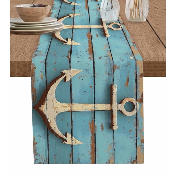 ERUNPONLY Nautical Anchor Table Runner - 60 Inch Long Farmhouse Retro Turquoise Wooden Grain Cotton and Linen Blended Dress Scarves Farmhouse Table Runner for Kitchen Dining, Coffee Table, 13" x 60"