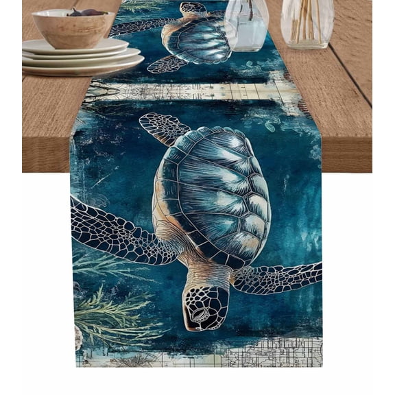 ERUNPONLY Nautical Sea Turtle Table Runner - 90 Inch Long Coastal Vintage Ocean Shells Cotton and Linen Blended Dress Scarves Farmhouse Table Runner for Kitchen Dining, Coffee Table, 13"x90"