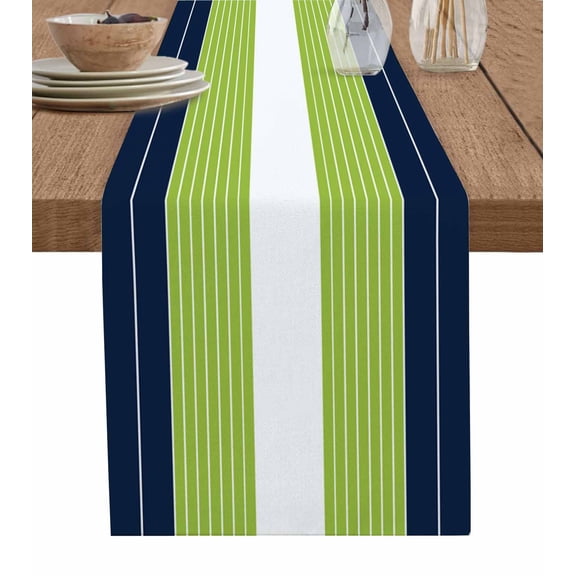 ERUNPONLY Navy Blue Green Stripe Table Runner - 72 Inch Long Modern Art Horizontal Striped Cotton and Linen Blended Dress Scarves Farmhouse Table Runner for Kitchen Dining, Coffee Table, 14" x 72"