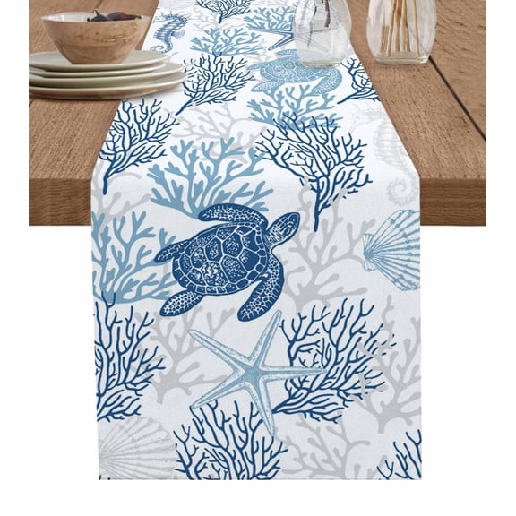 ERUNPONLY Navy Blue Grey Coastal Table Runner - 70 Inch Long Sea Turtle Nautical Coral Summer Beach Cotton Linen Dress Scarves Farmhouse Table Runner for Kitchen Dining, Coffee Table, 13" x 70"
